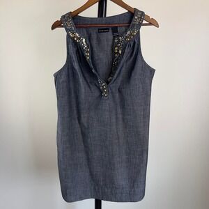 New York & Company Boho Embellished Chambray Cotton Shift Dress Large